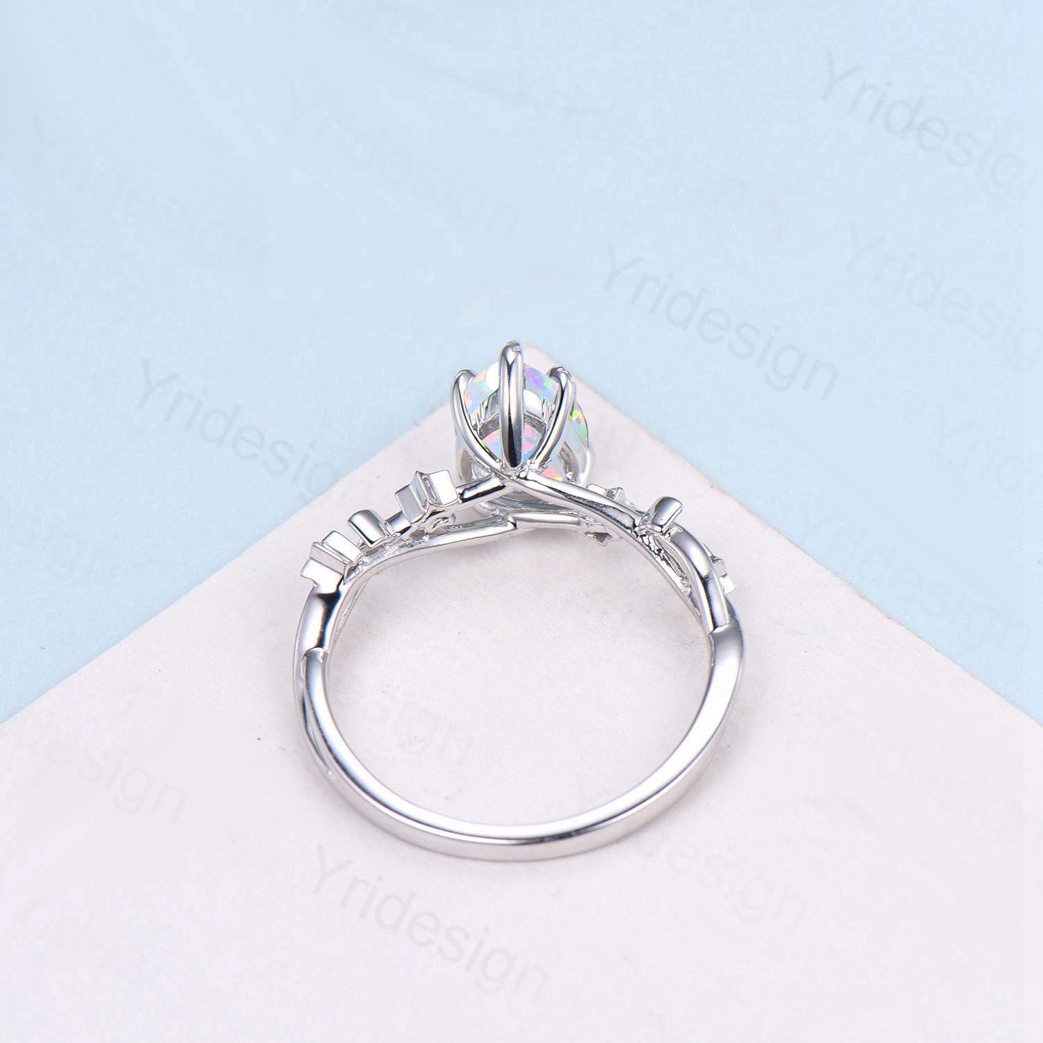 Vintage Pear Shaped White Opal Engagement Ring Moon Star Cluster Emerald Wedding Ring Silver Gold October Birthstone Leaves Vine Prong Ring - PENFINE