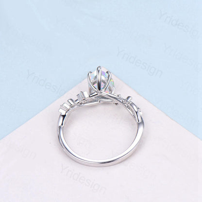 Vintage Pear Shaped White Opal Engagement Ring Moon Star Cluster Emerald Wedding Ring Silver Gold October Birthstone Leaves Vine Prong Ring - PENFINE