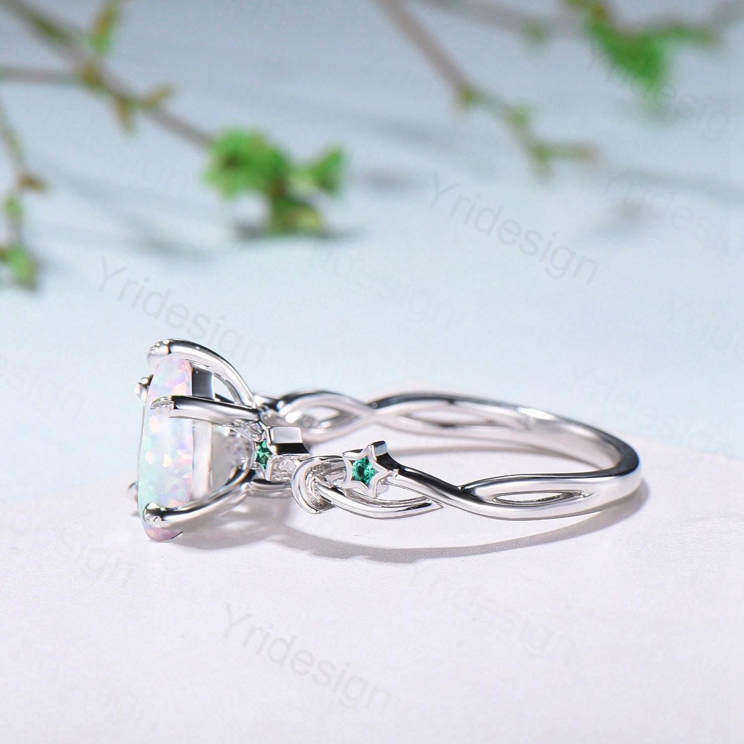 Vintage Pear Shaped White Opal Engagement Ring Moon Star Cluster Emerald Wedding Ring Silver Gold October Birthstone Leaves Vine Prong Ring - PENFINE