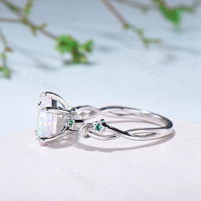 Vintage Pear Shaped White Opal Engagement Ring Moon Star Cluster Emerald Wedding Ring Silver Gold October Birthstone Leaves Vine Prong Ring - PENFINE