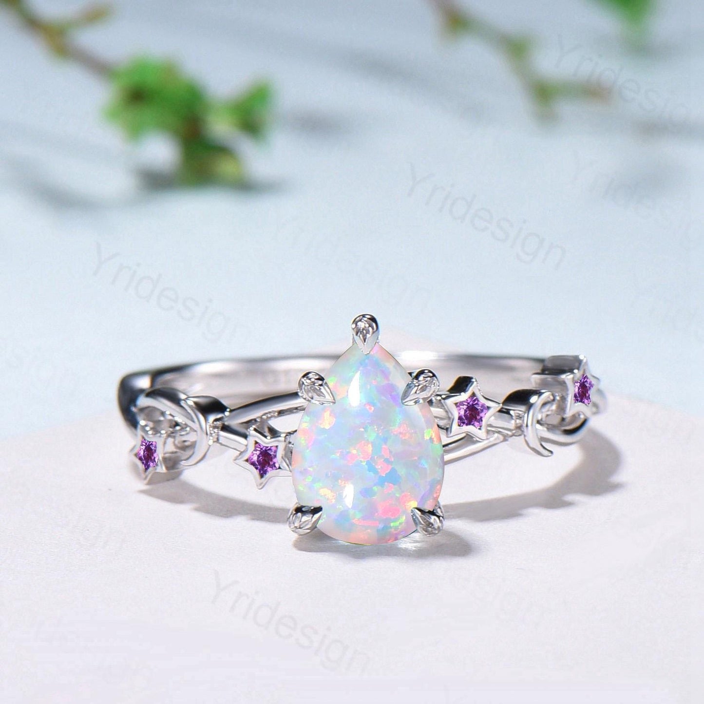 Vintage Pear Shaped White Opal Engagement Ring Moon Star Cluster Emerald Wedding Ring Silver Gold October Birthstone Leaves Vine Prong Ring - PENFINE