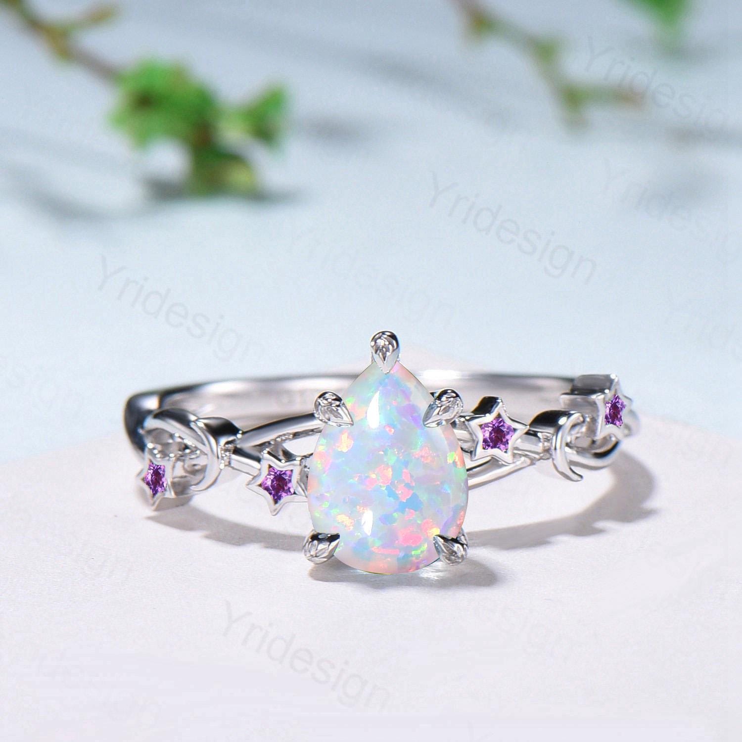 Vintage Pear Shaped White Opal Engagement Ring Moon Star Cluster Emerald Wedding Ring Silver Gold October Birthstone Leaves Vine Prong Ring - PENFINE
