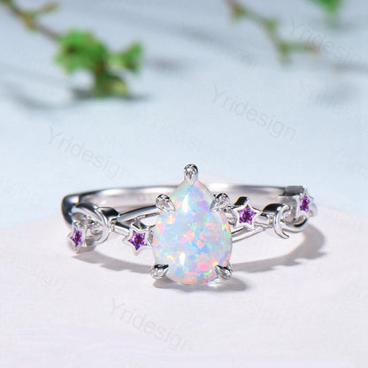 Vintage Pear Shaped White Opal Engagement Ring Moon Star Cluster Emerald Wedding Ring Silver Gold October Birthstone Leaves Vine Prong Ring - PENFINE