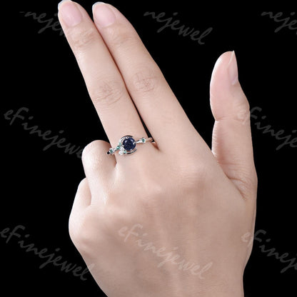 Blue Sandstone Engagement Ring: Moon, Star, Emerald Galaxy Ring - PENFINE