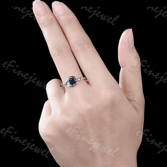 Blue Sandstone Engagement Ring: Moon, Star, Emerald Galaxy Ring - PENFINE