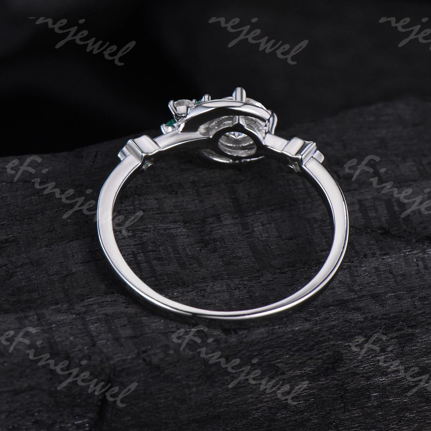 Blue Sandstone Engagement Ring: Moon, Star, Emerald Galaxy Ring - PENFINE