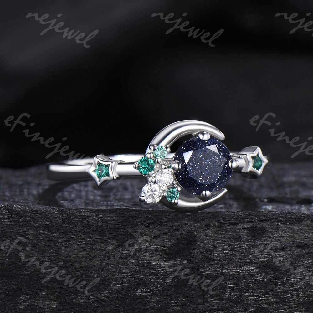 Blue Sandstone Engagement Ring: Moon, Star, Emerald Galaxy Ring - PENFINE