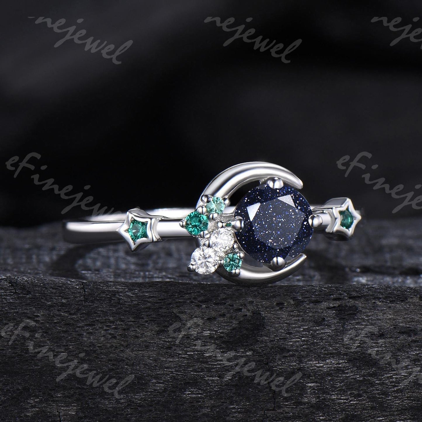 Blue Sandstone Engagement Ring: Moon, Star, Emerald Galaxy Ring - PENFINE