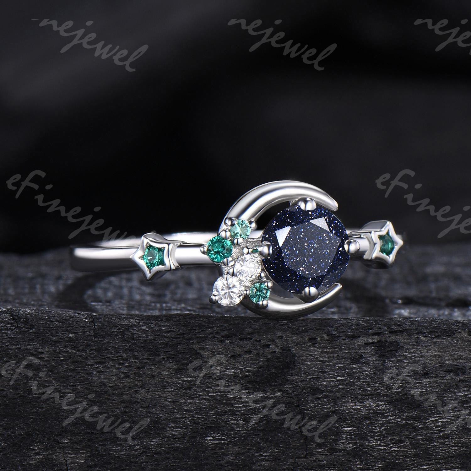 Blue Sandstone Engagement Ring: Moon, Star, Emerald Galaxy Ring - PENFINE