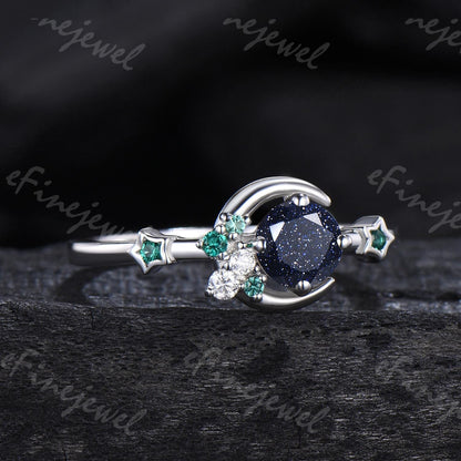 Blue Sandstone Engagement Ring: Moon, Star, Emerald Galaxy Ring - PENFINE