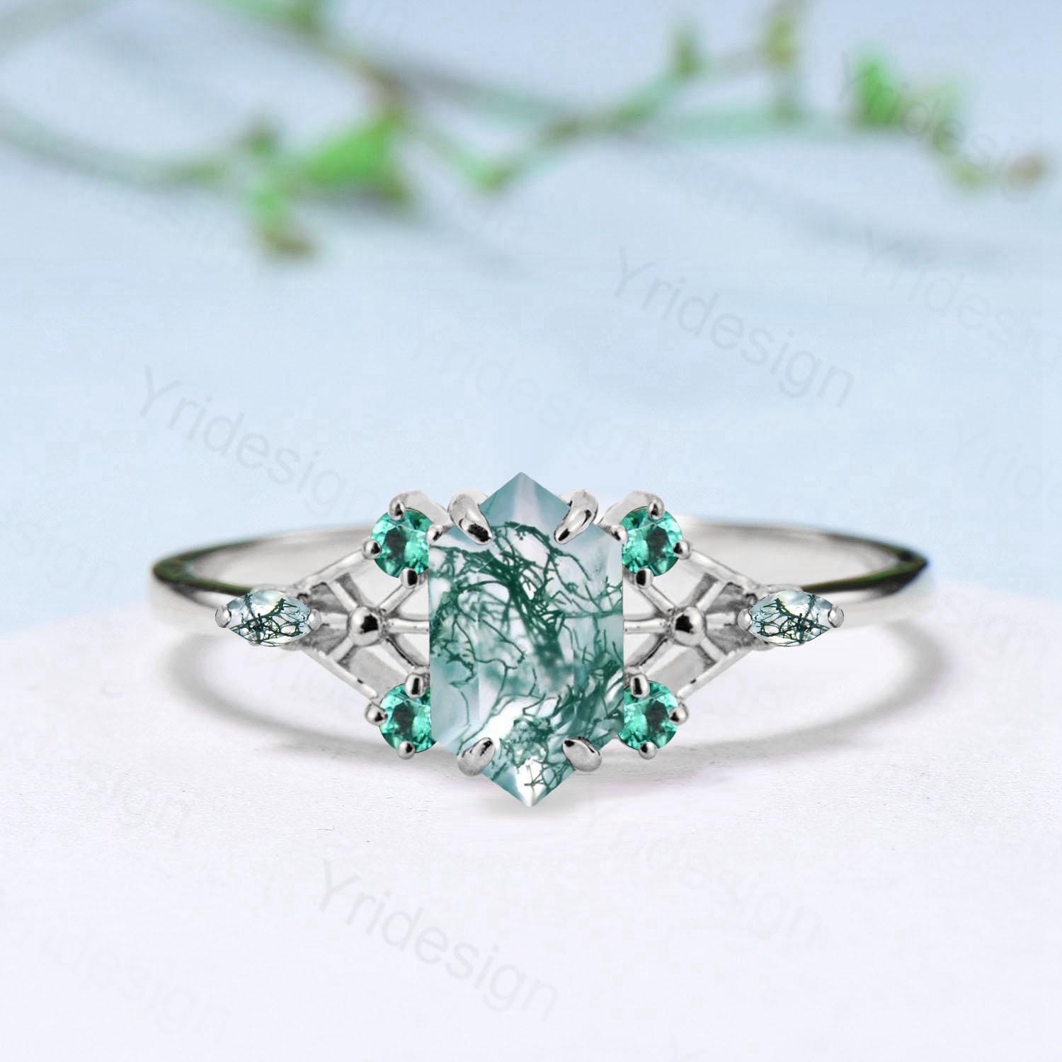 Vintage Elongated Hexagon Cut Moss Agate Engagement Ring Unique Spider Agate Emerald Wedding Ring Anniversary Promise Ring Gift for Women - PENFINE