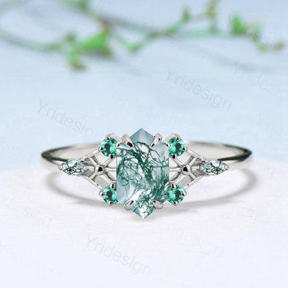 Vintage Elongated Hexagon Cut Moss Agate Engagement Ring Unique Spider Agate Emerald Wedding Ring Anniversary Promise Ring Gift for Women - PENFINE