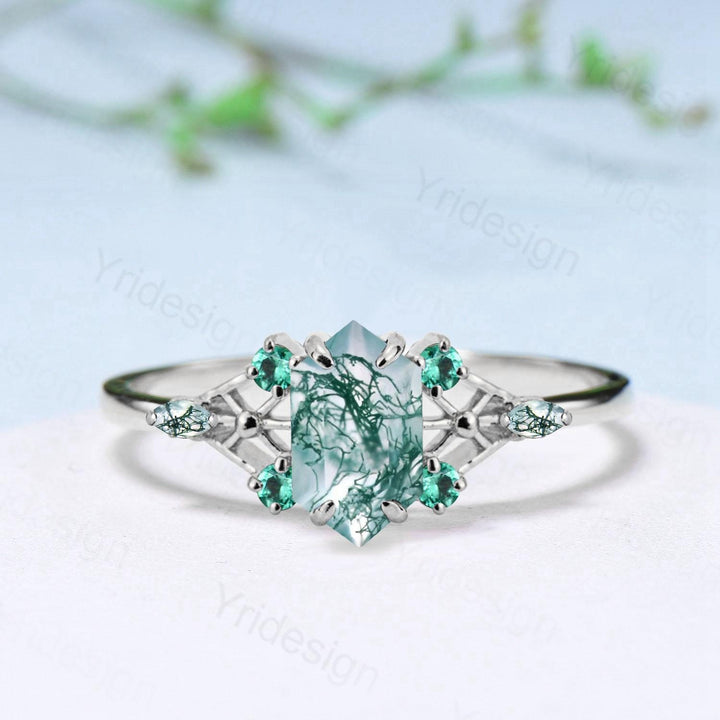 Vintage Elongated Hexagon Cut Moss Agate Engagement Ring Unique Spider Agate Emerald Wedding Ring Anniversary Promise Ring Gift for Women - PENFINE
