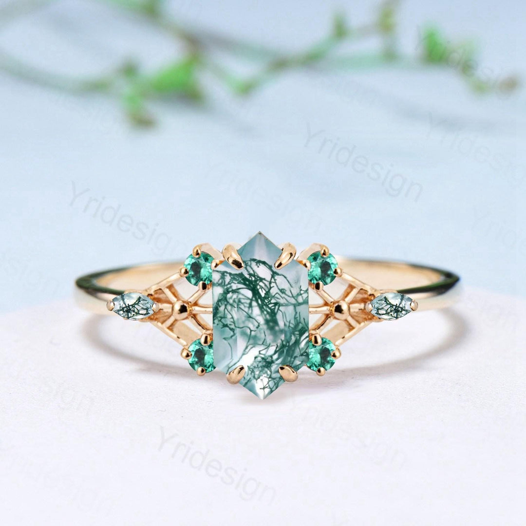 Vintage Elongated Hexagon Cut Moss Agate Engagement Ring Unique Spider Agate Emerald Wedding Ring Anniversary Promise Ring Gift for Women - PENFINE