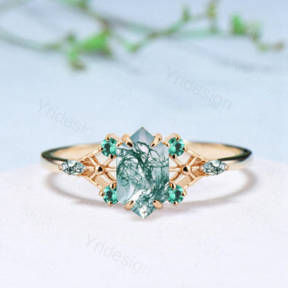 Vintage Elongated Hexagon Cut Moss Agate Engagement Ring Unique Spider Agate Emerald Wedding Ring Anniversary Promise Ring Gift for Women - PENFINE