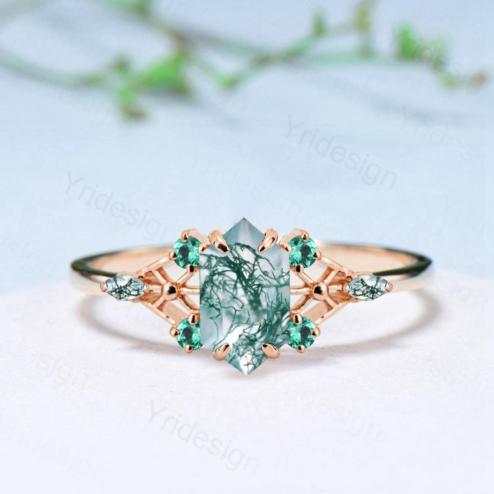 Vintage Elongated Hexagon Cut Moss Agate Engagement Ring Unique Spider Agate Emerald Wedding Ring Anniversary Promise Ring Gift for Women - PENFINE