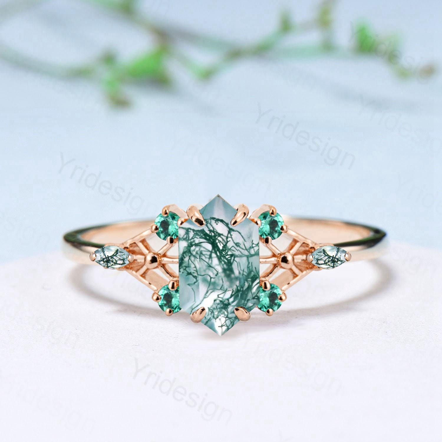 Vintage Elongated Hexagon Cut Moss Agate Engagement Ring Unique Spider Agate Emerald Wedding Ring Anniversary Promise Ring Gift for Women - PENFINE