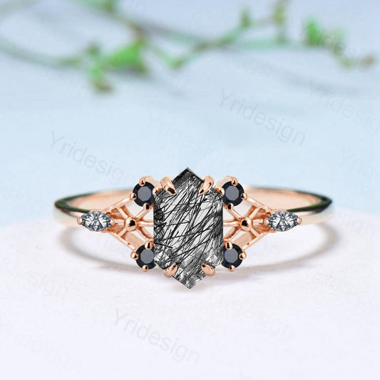 Vintage Elongated Hexagon Cut Black Rutilated Quartz Engagement Ring Unique Spider Wedding Ring Art Deco Anniversary Promise Ring Gift - PENFINE
