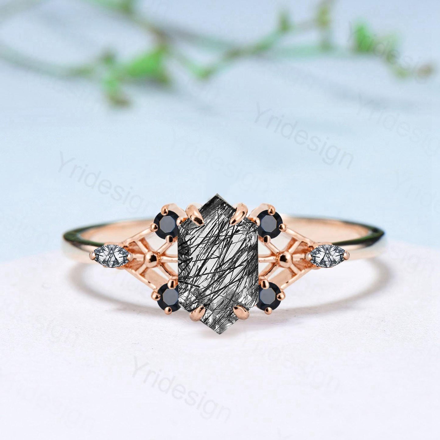 Vintage Elongated Hexagon Cut Black Rutilated Quartz Engagement Ring Unique Spider Wedding Ring Art Deco Anniversary Promise Ring Gift - PENFINE