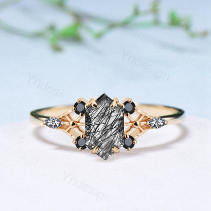 Vintage Elongated Hexagon Cut Black Rutilated Quartz Engagement Ring Unique Spider Wedding Ring Art Deco Anniversary Promise Ring Gift - PENFINE