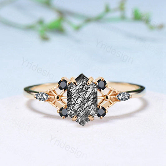 Vintage Elongated Hexagon Cut Black Rutilated Quartz Engagement Ring Unique Spider Wedding Ring Art Deco Anniversary Promise Ring Gift - PENFINE