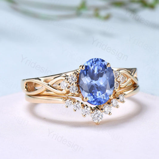 Celtic Love Natural Oval Tanzanite Engagement Ring Set Vintage 18K Yellow Gold Cluster Diamond Art Deco Wedding Ring Set Anniversary Gifts - PENFINE