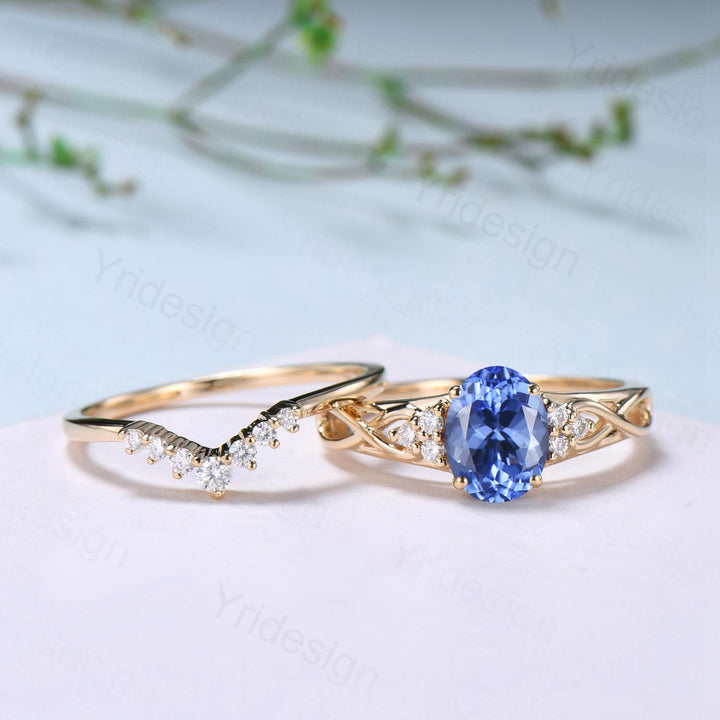 Celtic Love Natural Oval Tanzanite Engagement Ring Set Vintage  18K Yellow Gold Cluster Diamond Art Deco Wedding Ring Set Anniversary Gifts - PENFINE