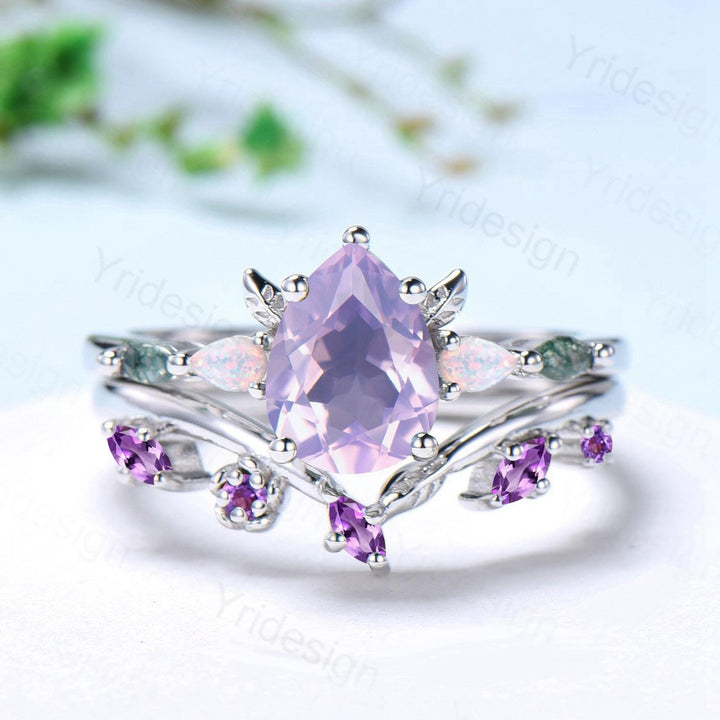 Natural pear cut Lavender Amethyst engagement ring set Unique moss agate opal wedding set Leaf Flower Nature inspired amethyst stacking band - PENFINE