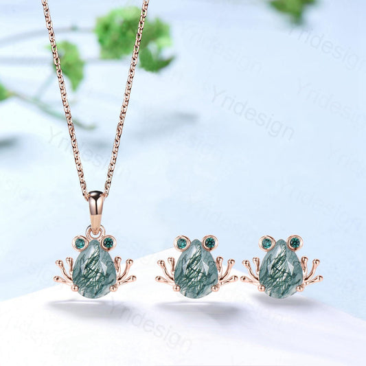 Unique Pear Shaped Natural Moss Agate Frog Necklace Animal Inspired Frog Green Agate Earring Silver Rose Gold Amphibian Jewelry Wedding Set - PENFINE