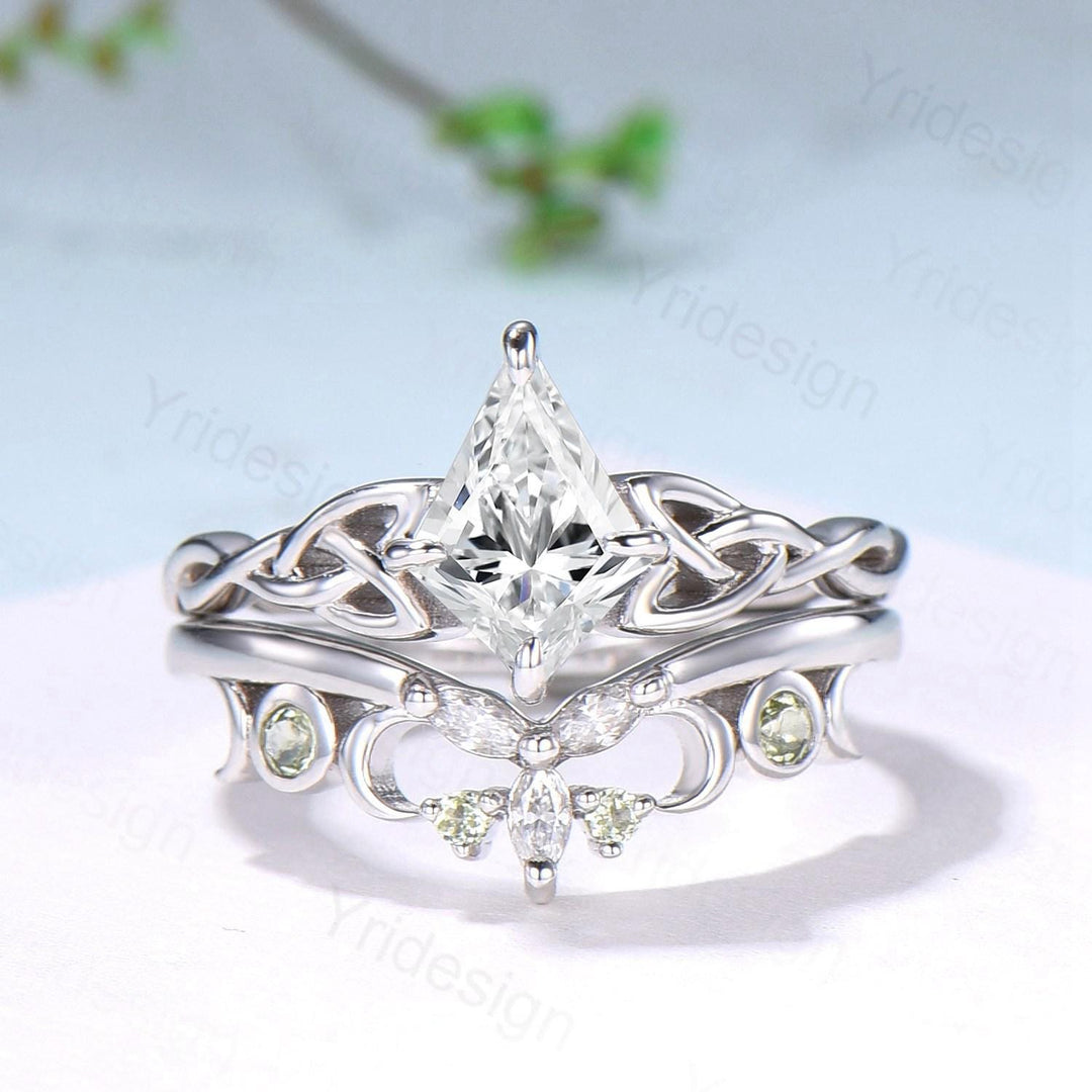Norse Viking Kite Cut Moissanite Engagement Ring Set, Celtic Love Knot Peridot Wedding Band - PENFINE