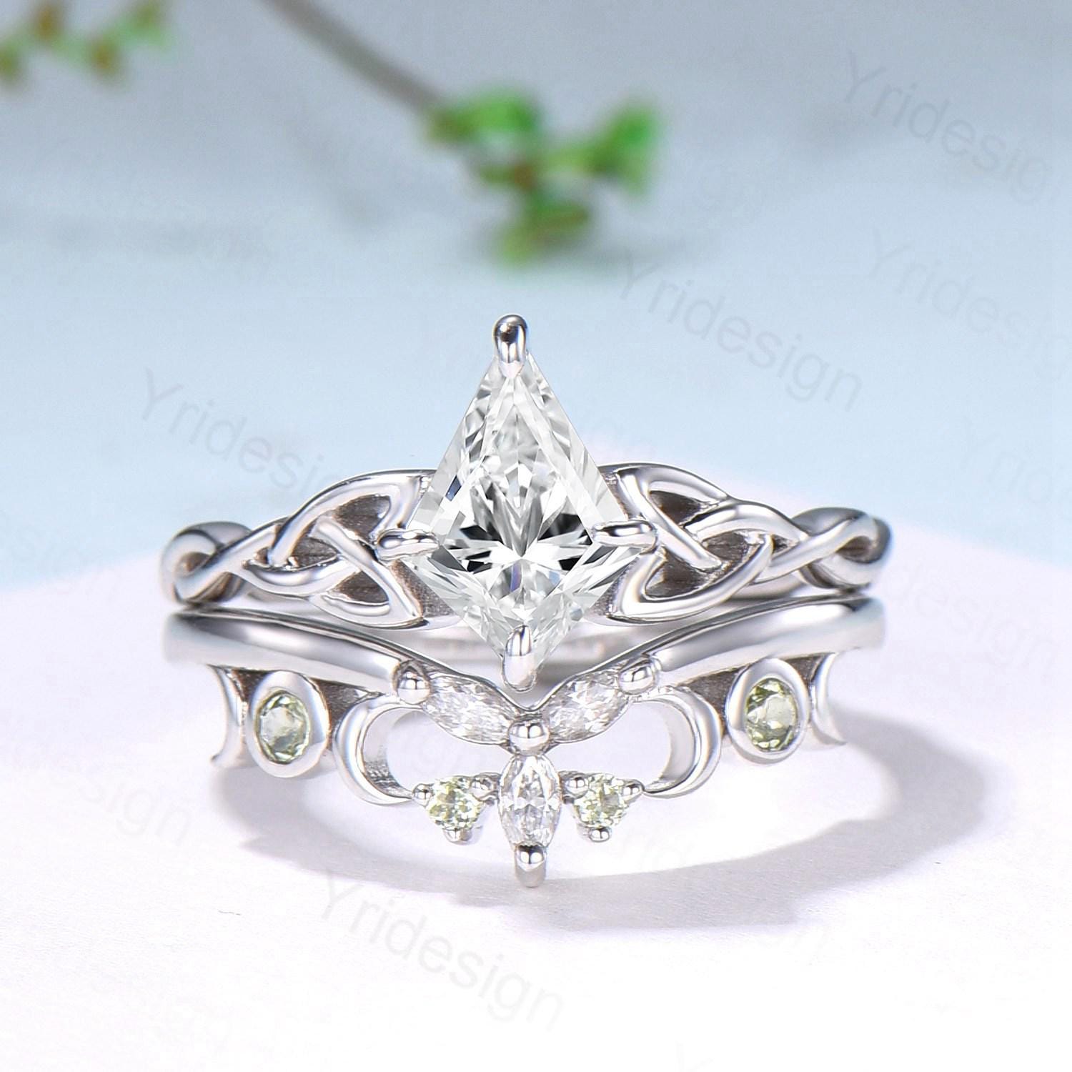Norse Viking Kite Cut Moissanite Engagement Ring Set, Celtic Love Knot Peridot Wedding Band - PENFINE