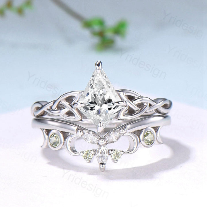 Norse Viking Kite Cut Moissanite Engagement Ring Set, Celtic Love Knot Peridot Wedding Band - PENFINE