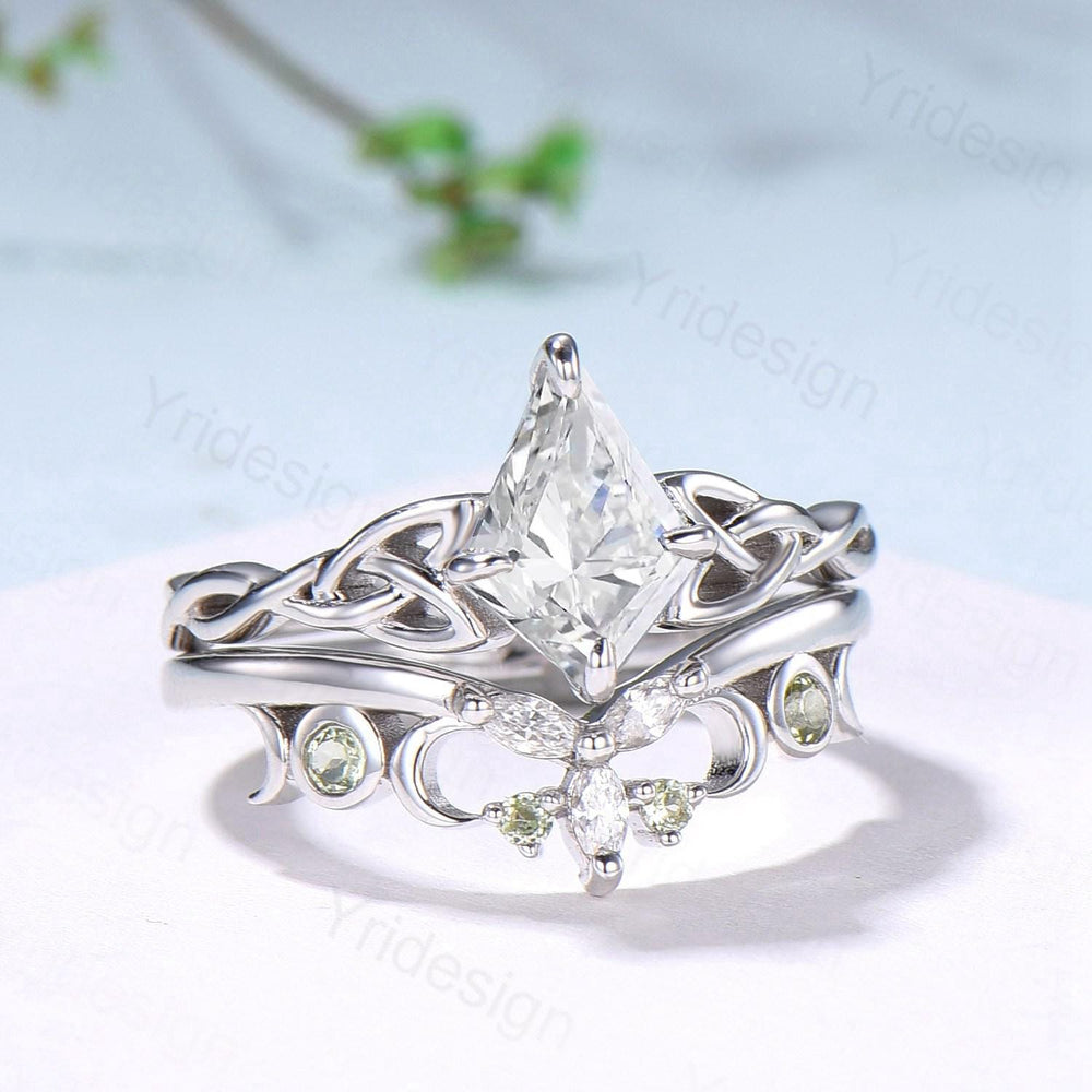 Norse Viking Kite Cut Moissanite Engagement Ring Set, Celtic Love Knot Peridot Wedding Band - PENFINE