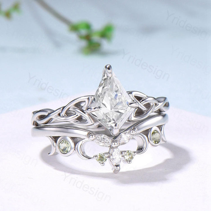 Norse Viking Kite Cut Moissanite Engagement Ring Set, Celtic Love Knot Peridot Wedding Band - PENFINE