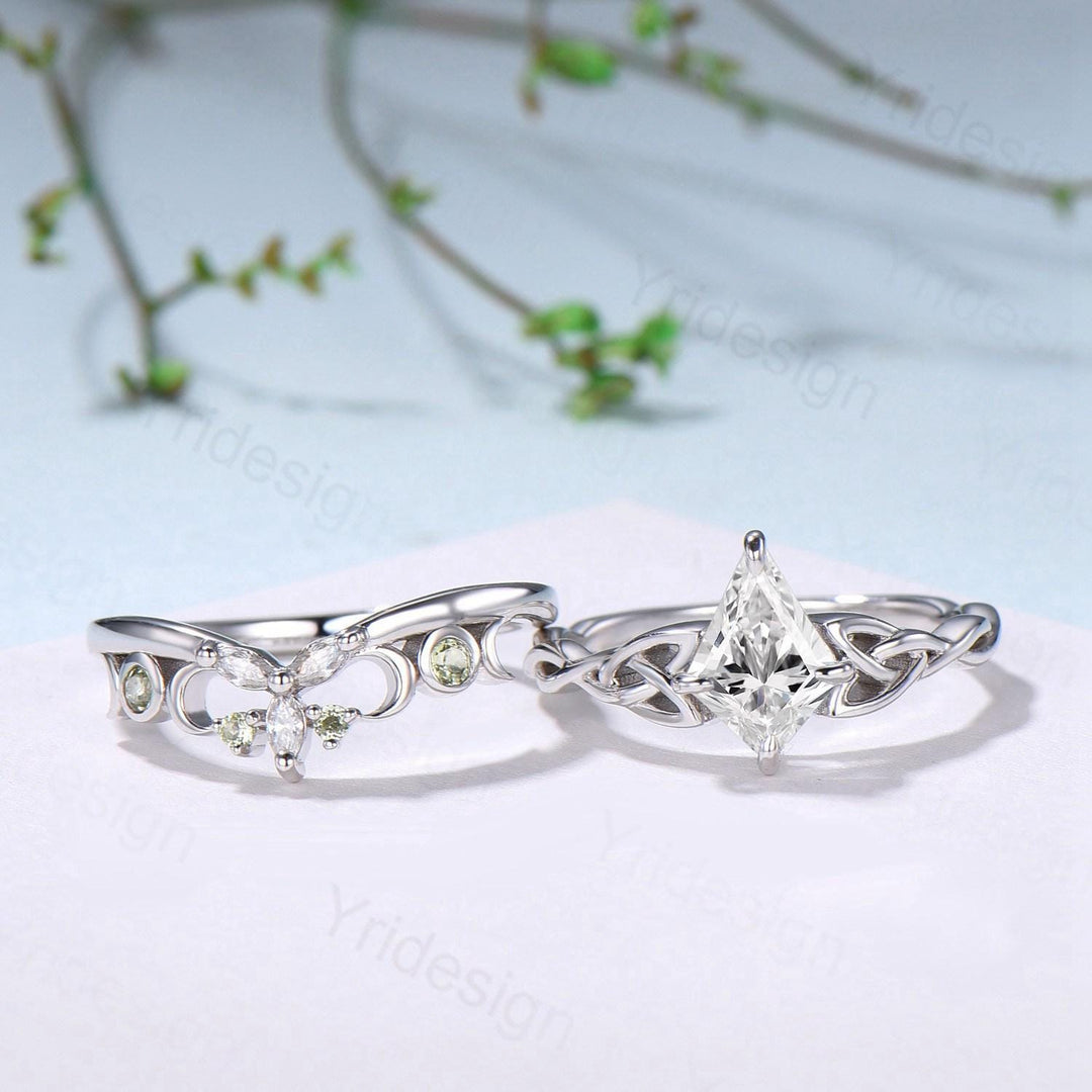 Norse Viking Kite Cut Moissanite Engagement Ring Set, Celtic Love Knot Peridot Wedding Band - PENFINE