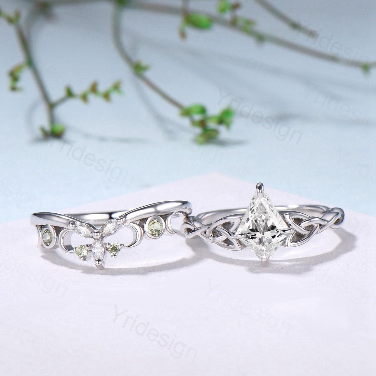 Norse Viking Kite Cut Moissanite Engagement Ring Set, Celtic Love Knot Peridot Wedding Band - PENFINE