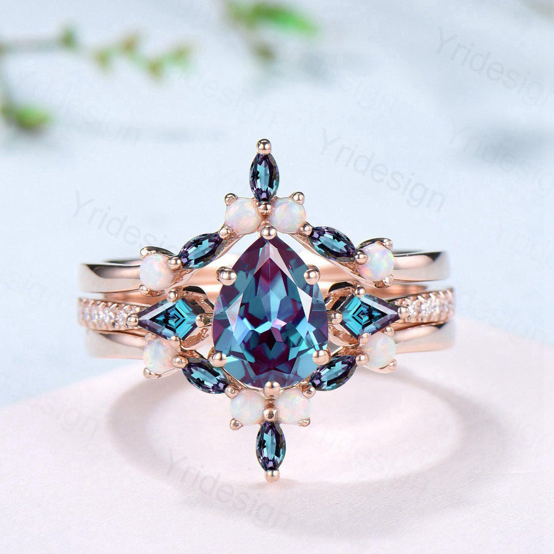 3pcs Vintage Pear Shaped Alexandrite Engagement Ring Set Kite Alexandrite Opal Wedding Set Opal Stacking Band Art Deco Rose Gold Bridal Sets - PENFINE