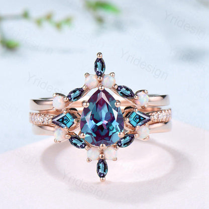 3pcs Vintage Pear Shaped Alexandrite Engagement Ring Set Kite Alexandrite Opal Wedding Set Opal Stacking Band Art Deco Rose Gold Bridal Sets - PENFINE