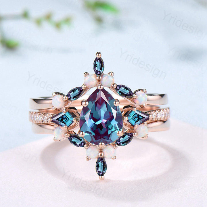 3pcs Vintage Pear Shaped Alexandrite Engagement Ring Set Kite Alexandrite Opal Wedding Set Opal Stacking Band Art Deco Rose Gold Bridal Sets - PENFINE