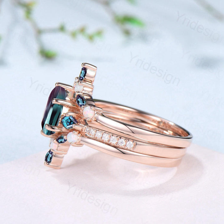 3pcs Vintage Pear Shaped Alexandrite Engagement Ring Set Kite Alexandrite Opal Wedding Set Opal Stacking Band Art Deco Rose Gold Bridal Sets - PENFINE