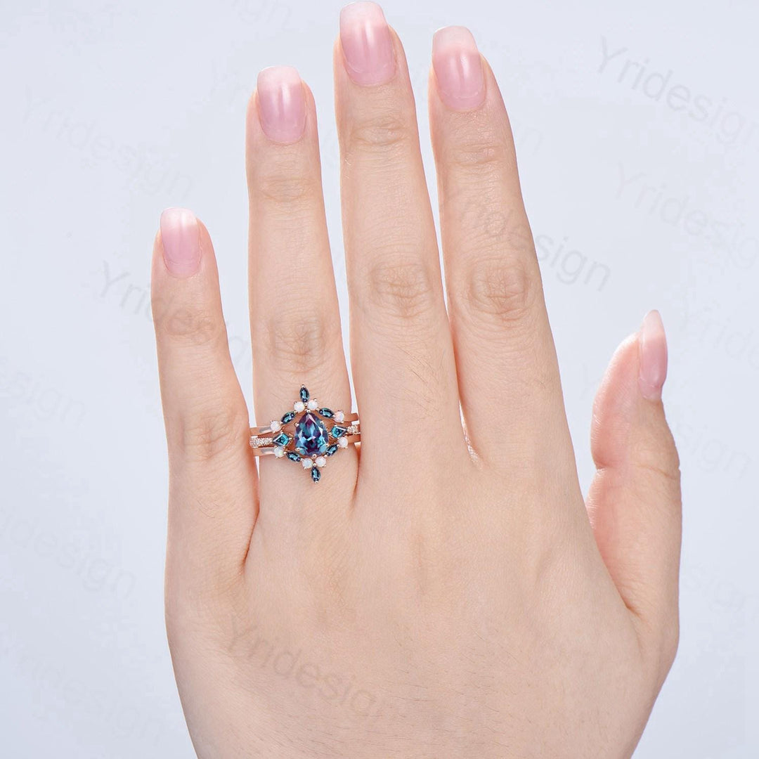 3pcs Vintage Pear Shaped Alexandrite Engagement Ring Set Kite Alexandrite Opal Wedding Set Opal Stacking Band Art Deco Rose Gold Bridal Sets - PENFINE