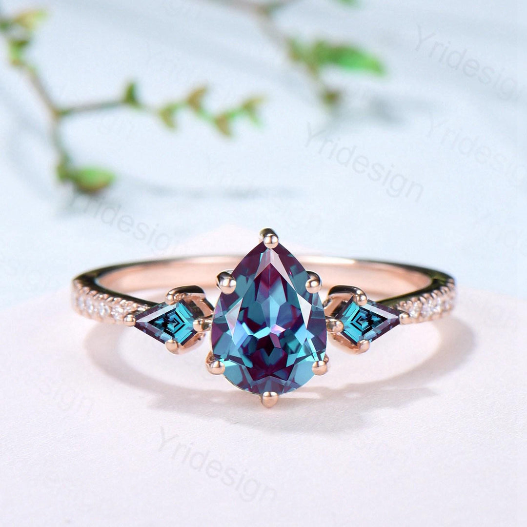 3pcs Vintage Pear Shaped Alexandrite Engagement Ring Set Kite Alexandrite Opal Wedding Set Opal Stacking Band Art Deco Rose Gold Bridal Sets - PENFINE