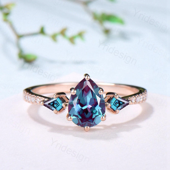 3pcs Vintage Pear Shaped Alexandrite Engagement Ring Set Kite Alexandrite Opal Wedding Set Opal Stacking Band Art Deco Rose Gold Bridal Sets - PENFINE