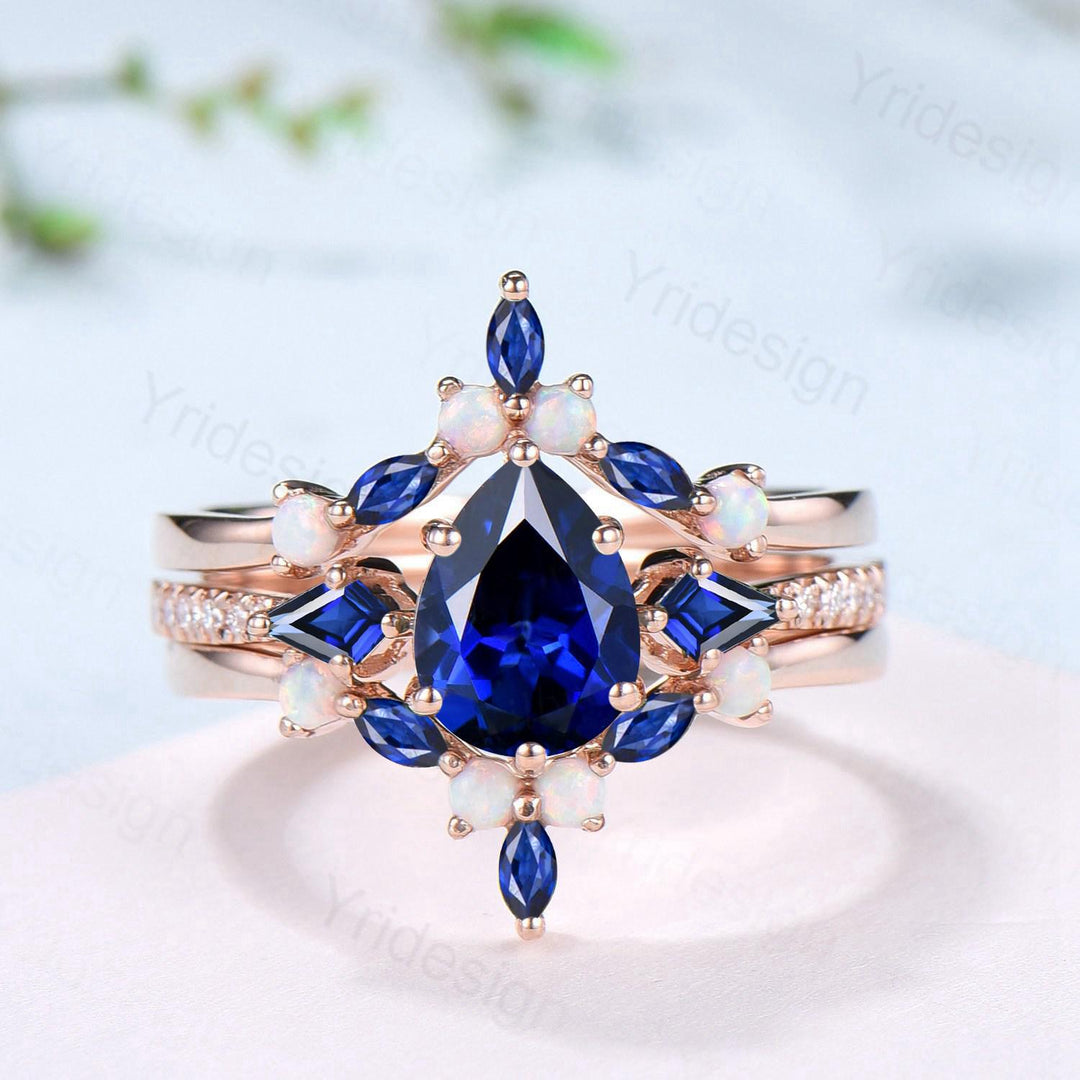 1.25 Carat Pear Shaped Blue Sapphire Engagement Ring Set Opal Retro Sapphire Wedding Set Unique Rose Gold September Birthstone Bridal Sets - PENFINE