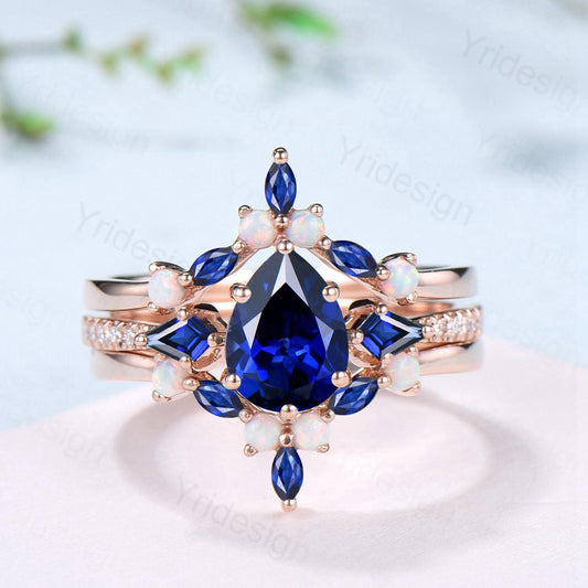 1.25 Carat Pear Shaped Blue Sapphire Engagement Ring Set Opal Retro Sapphire Wedding Set Unique Rose Gold September Birthstone Bridal Sets - PENFINE