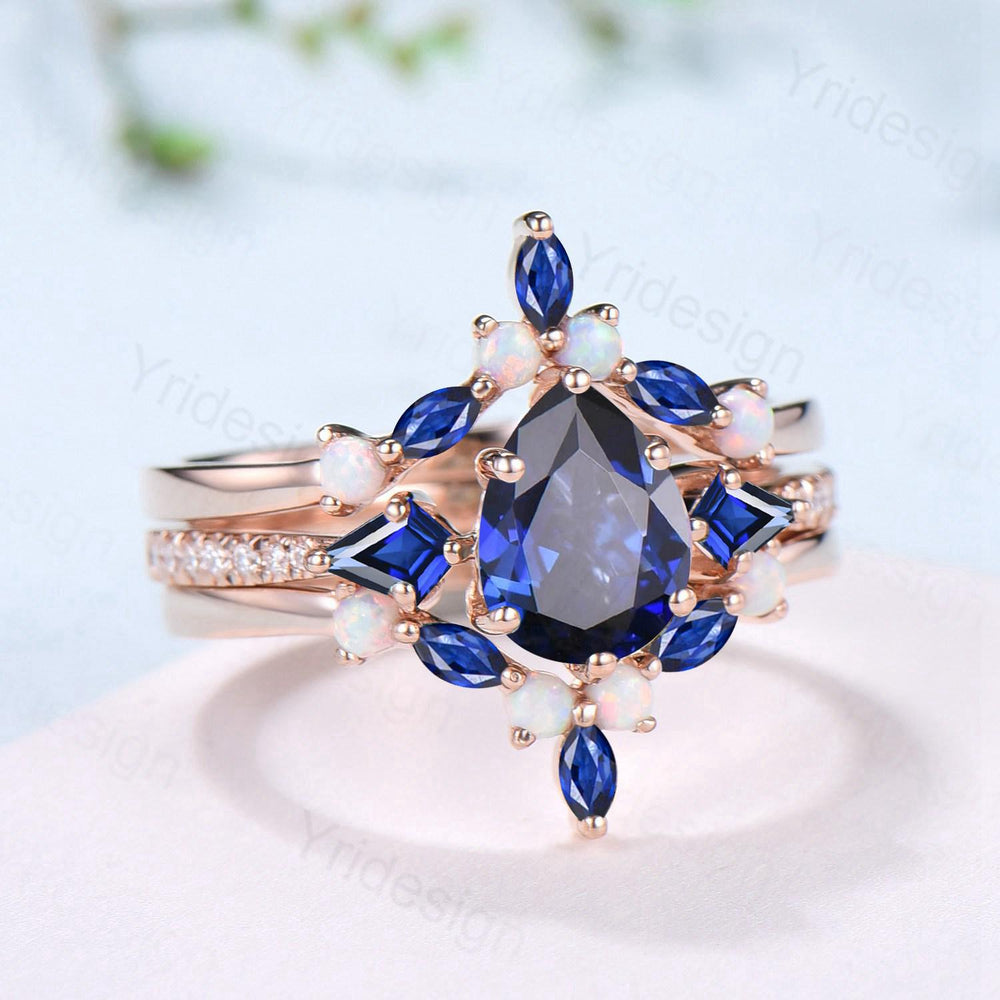 1.25 Carat Pear Shaped Blue Sapphire Engagement Ring Set Opal Retro Sapphire Wedding Set Unique Rose Gold September Birthstone Bridal Sets - PENFINE