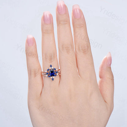 1.25 Carat Pear Shaped Blue Sapphire Engagement Ring Set Opal Retro Sapphire Wedding Set Unique Rose Gold September Birthstone Bridal Sets - PENFINE