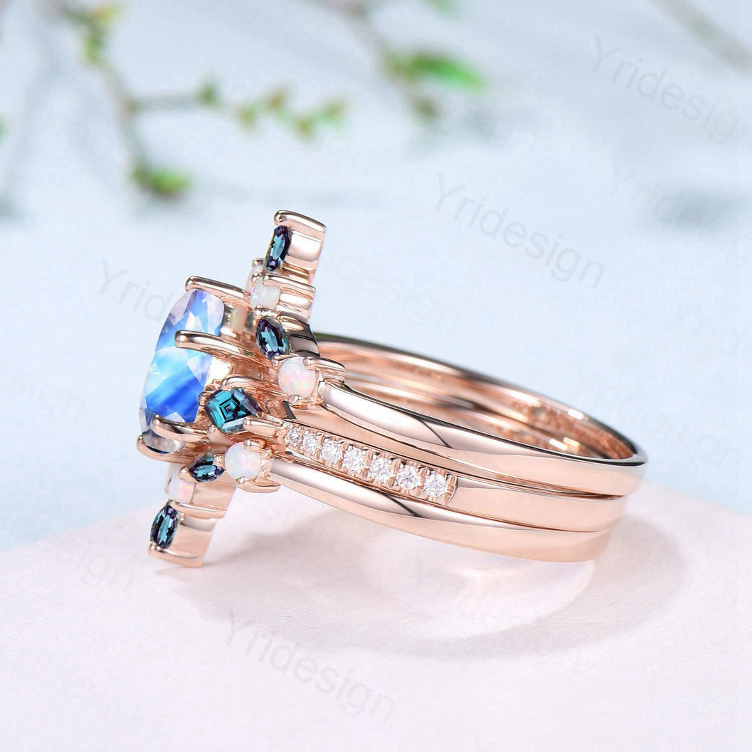 1.25 CT Pear Shaped Natural Moonstone Engagement Ring Set Kite Alexandrite Opal Wedding Set Unique 3Pcs Rose Gold June Birthstone Bridal Set - PENFINE