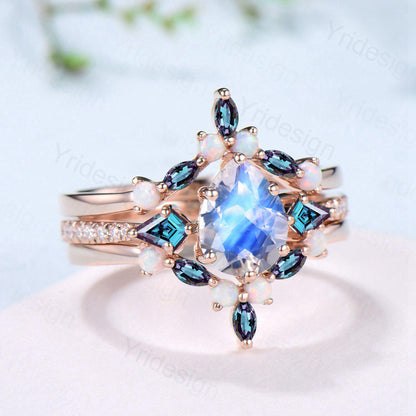 1.25 CT Pear Shaped Natural Moonstone Engagement Ring Set Kite Alexandrite Opal Wedding Set Unique 3Pcs Rose Gold June Birthstone Bridal Set - PENFINE