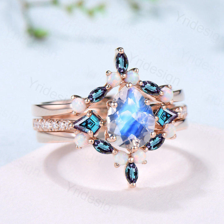 1.25 CT Pear Shaped Natural Moonstone Engagement Ring Set Kite Alexandrite Opal Wedding Set Unique 3Pcs Rose Gold June Birthstone Bridal Set - PENFINE